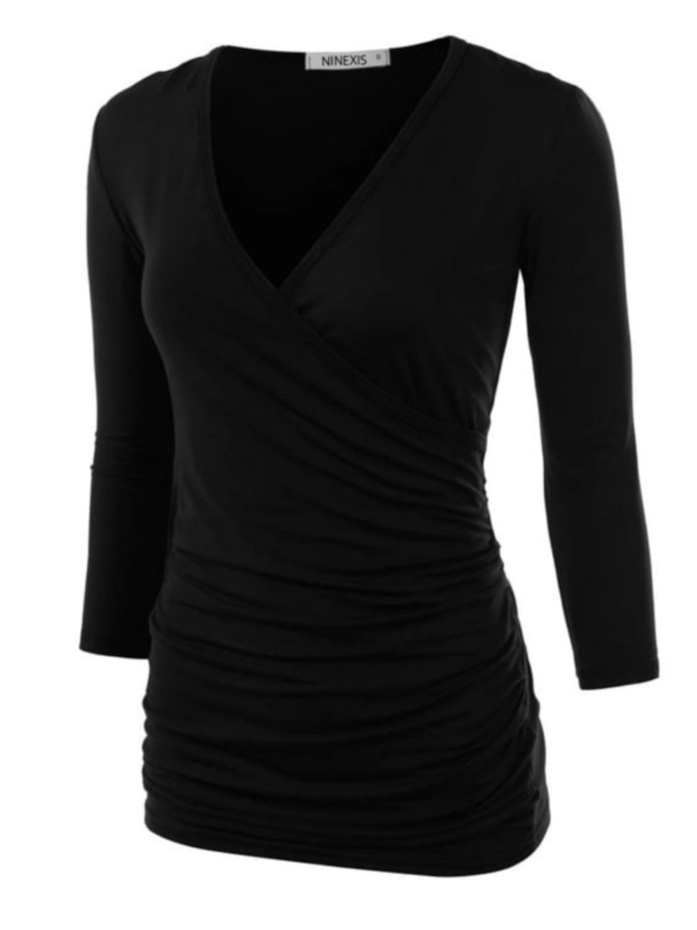 NWT Doublju Black Wrap-Front Ruched V-Neck Tunic